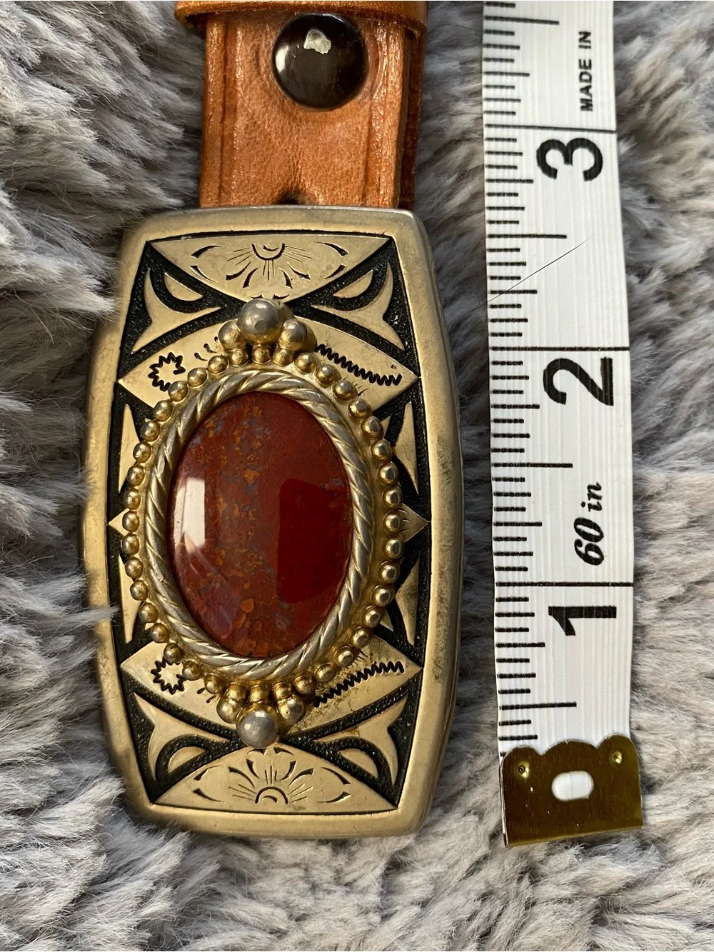 Tan Leather Western Belt with Ornate Stone Buckle